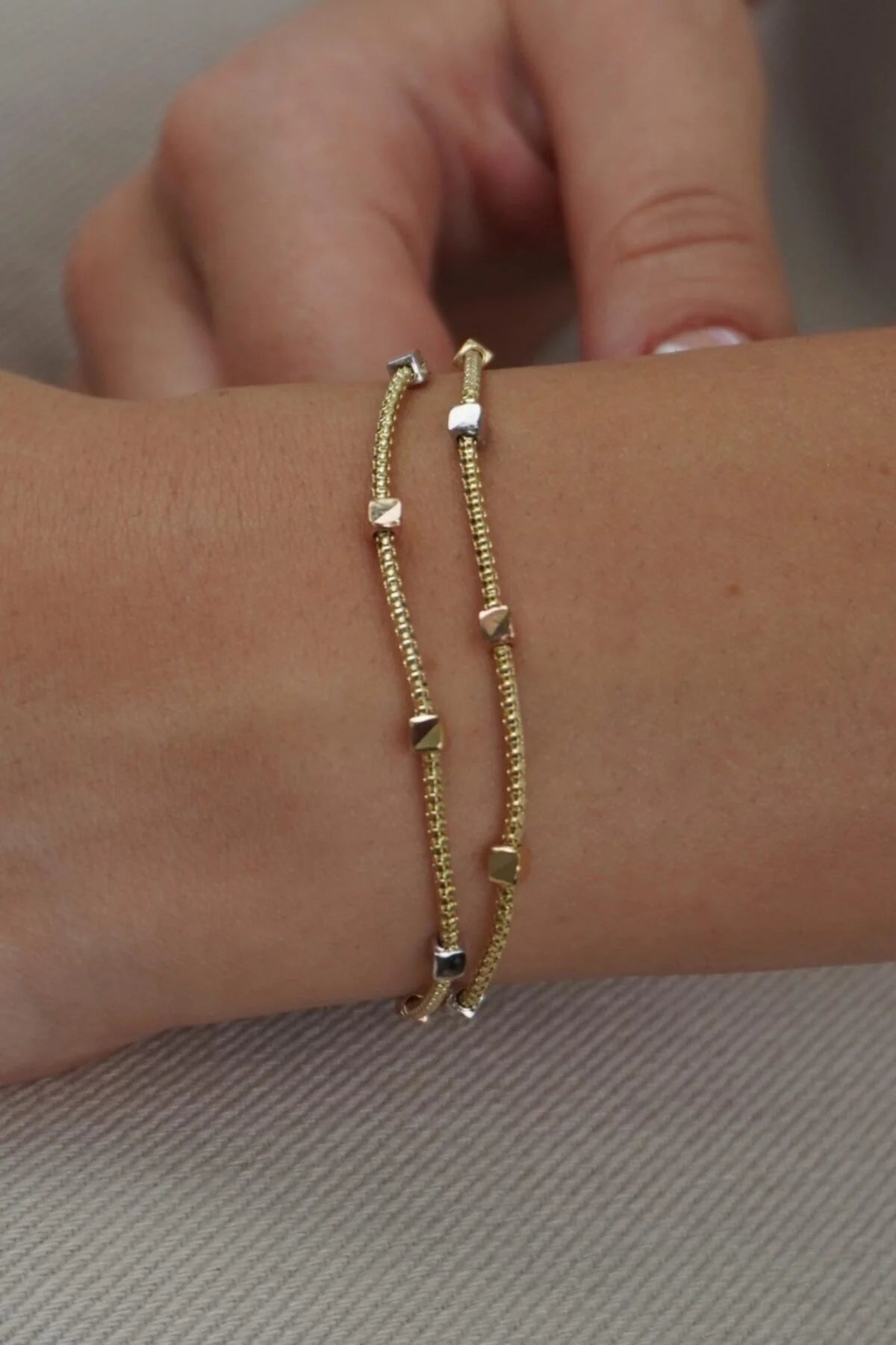 Golden Mirage | 18K Gold-Filled Multi-Strand Bracelet with Cube Accents | Stainless Steel