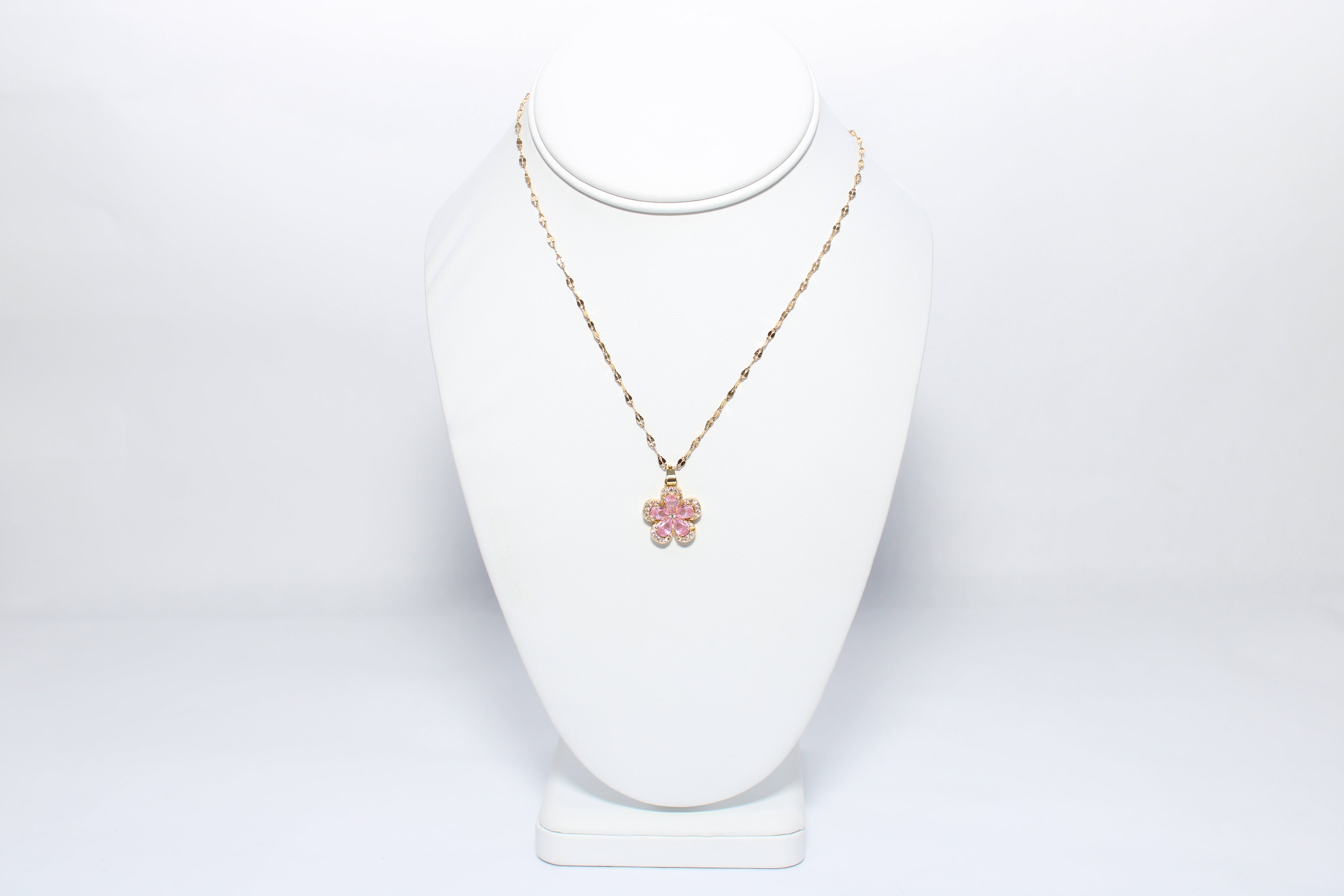 Golden Frame | 18K Gold-Filled Pink CZ Flower Pendant Necklace | Stainless Steel