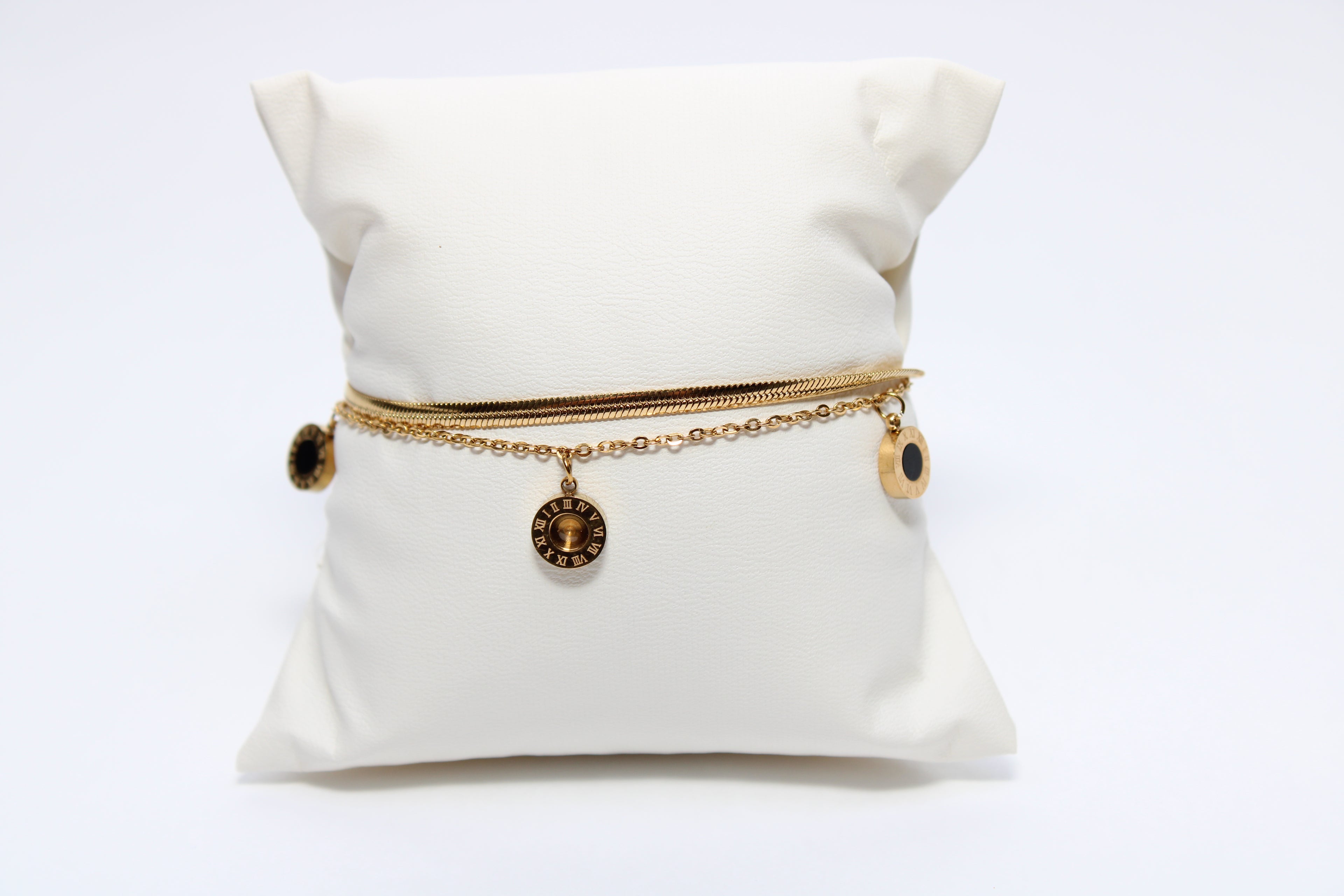Charmed Glow | 18K Gold-Filled Double Chain Bracelet with Roman Numeral & Black Enamel Charms | Stainless Steel