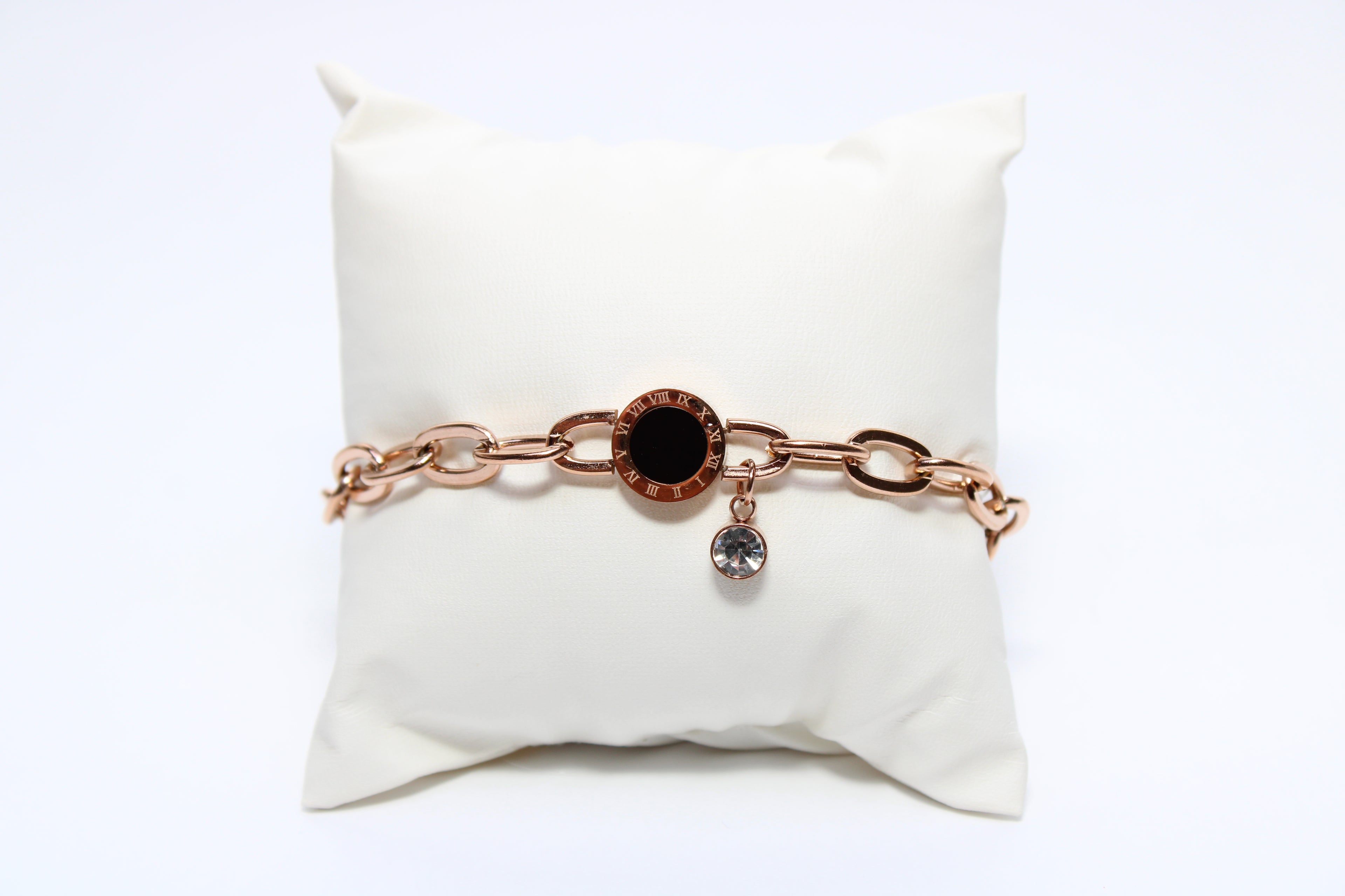Gilded Symphony | Rose Gold Roman Bracelet with Crystal Charm