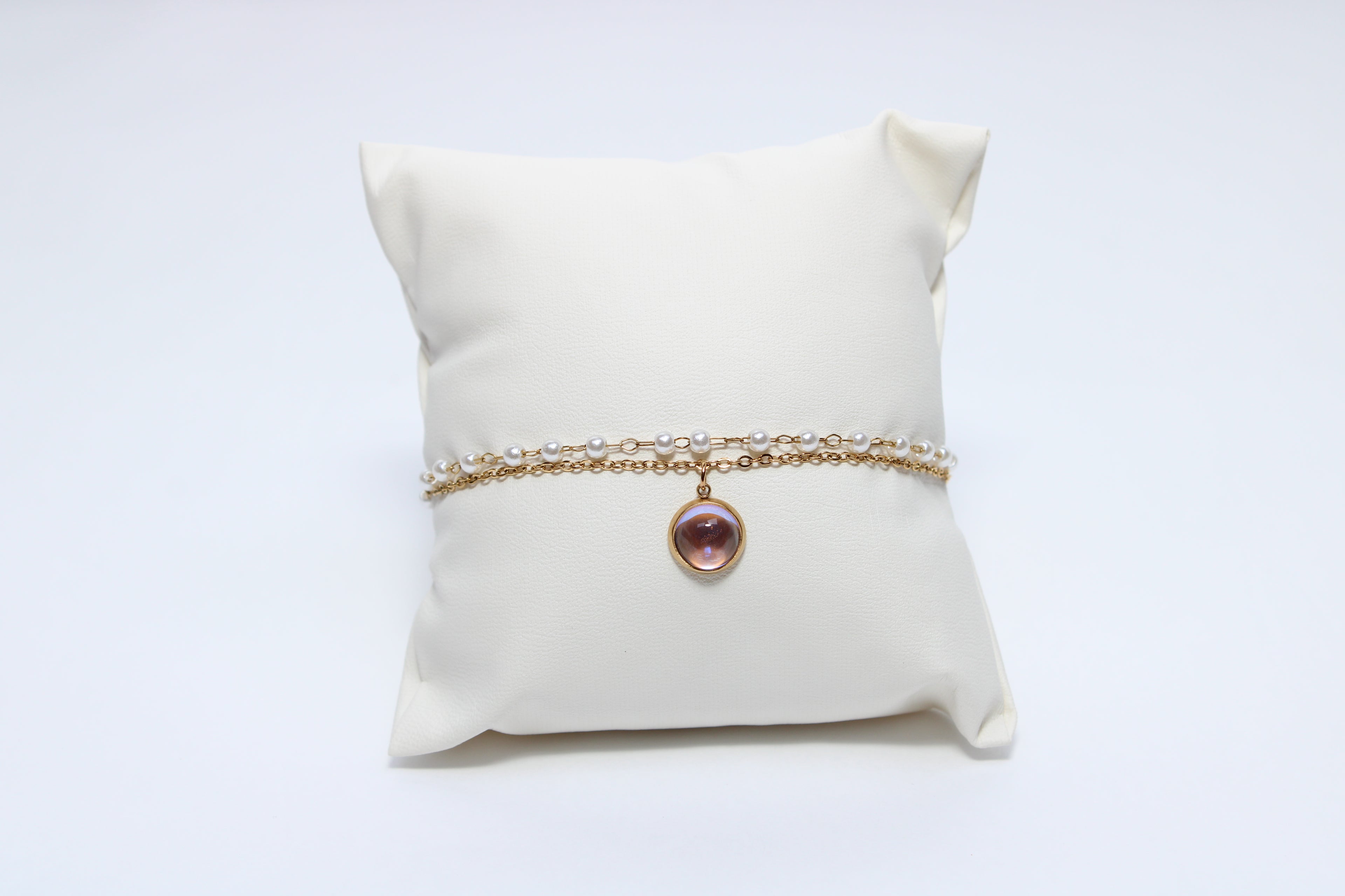 Velvet Grace | 18K Gold-Filled Pearl Chain Bracelet with Lavender Charm | Stainless Steel