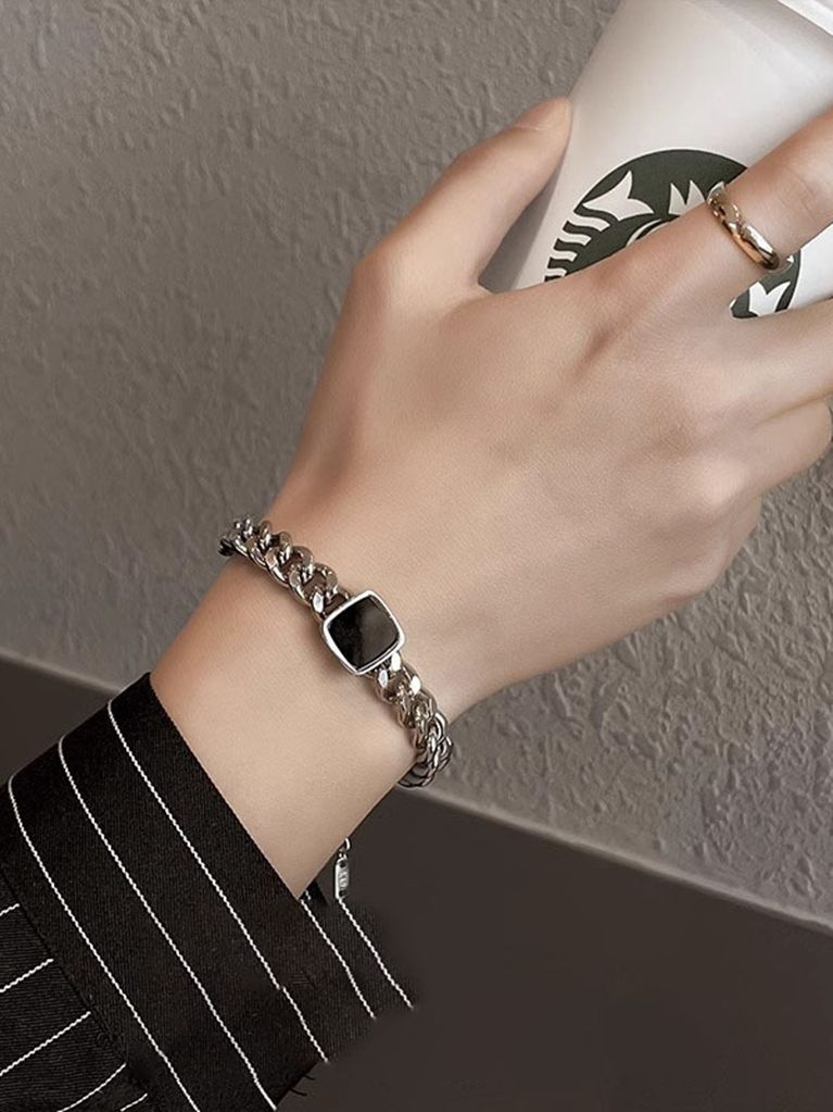 Regal Whisper | Stainless Steel Cuban Chain Bracelet with Black Centerpiece