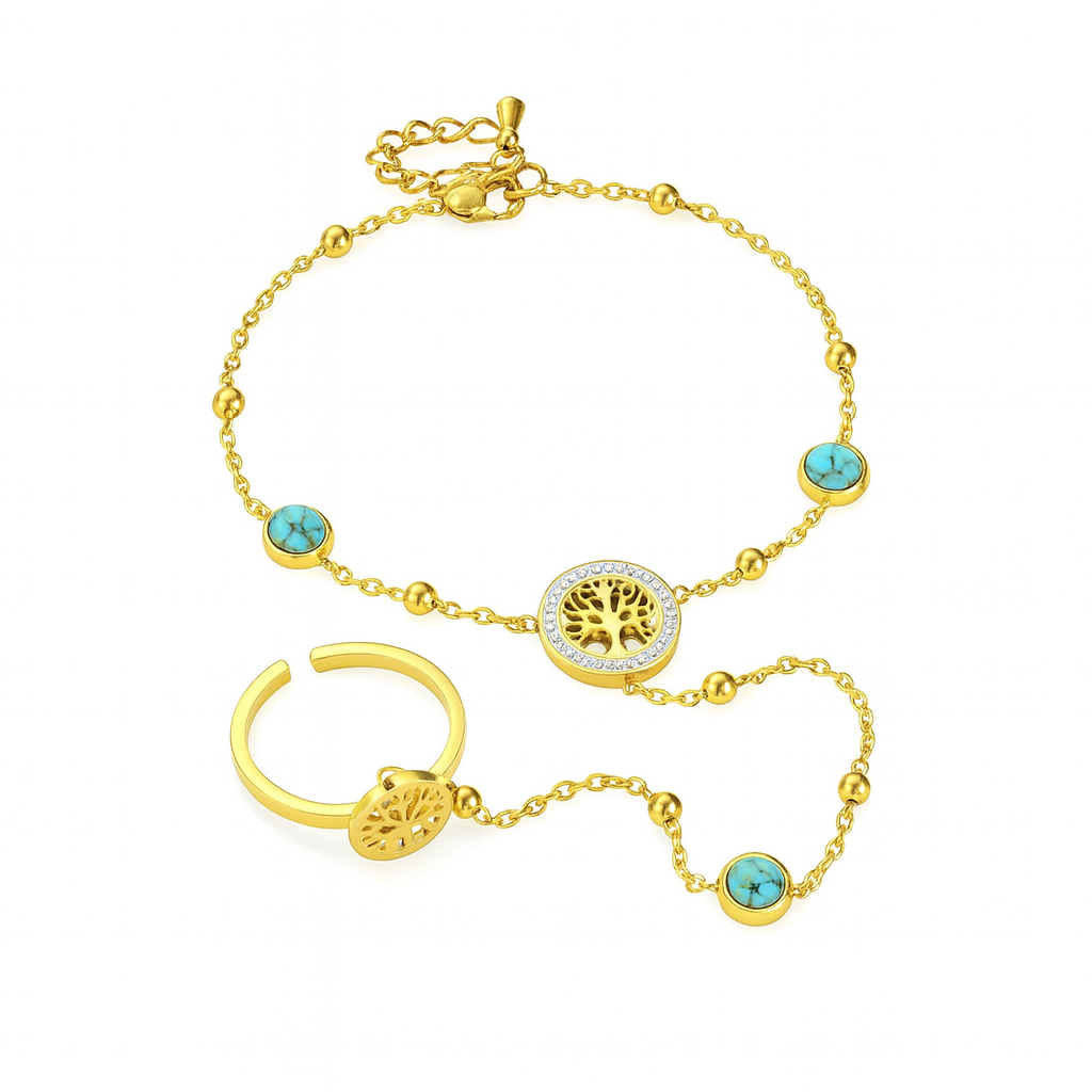 Gold Turquoise Tree of Life Hand Chain