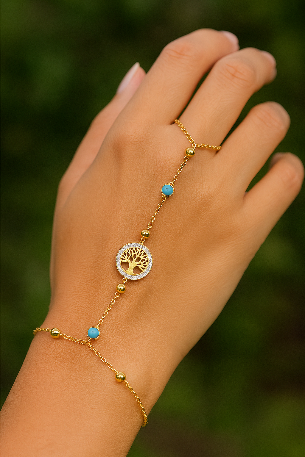 Gold Turquoise Tree of Life Hand Chain