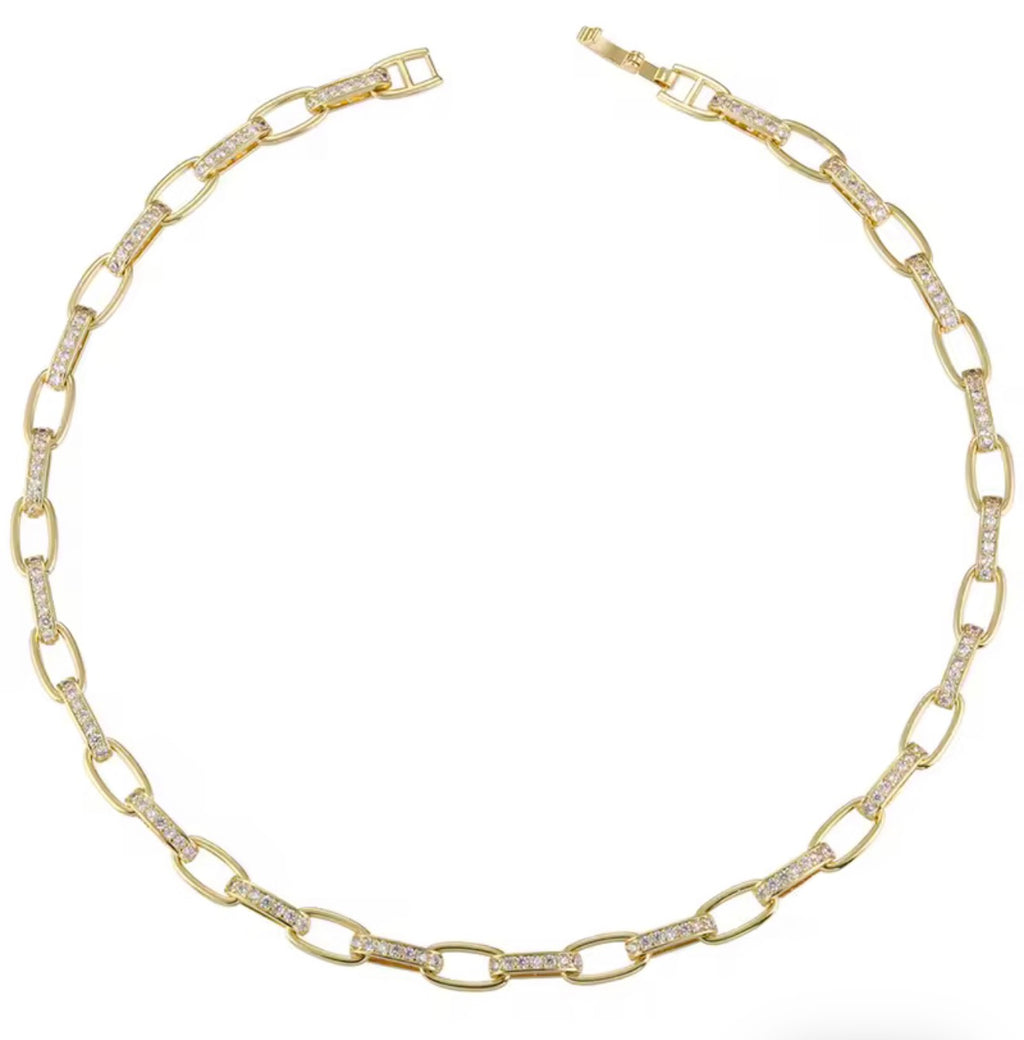 18K Gold Plated Oval Chain Choker Necklace with Cubic Zirconia for Women