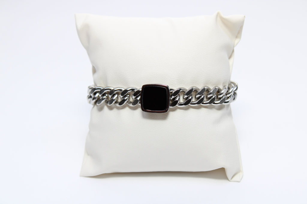 Regal Whisper | Stainless Steel Cuban Chain Bracelet with Black Centerpiece